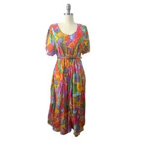 Vintage Nepal Cotton Boho Dress L Multicolor Midi Caftan by Innovative